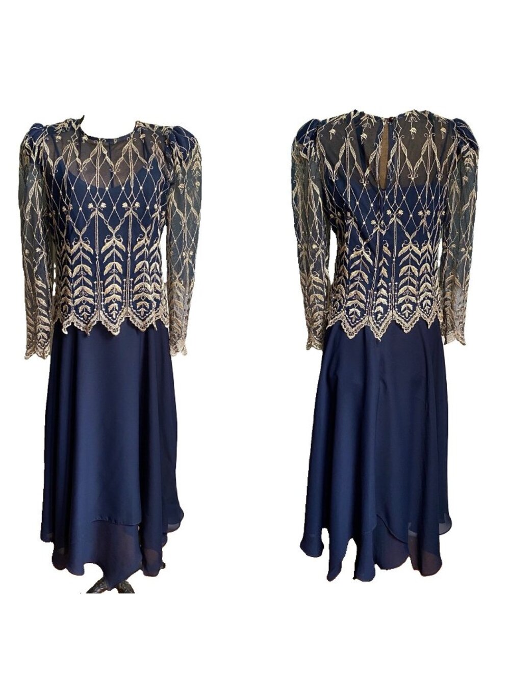 Vintage Cachet By Bari Protas Gown Dress Lace Overlay Navy Long Chiffon